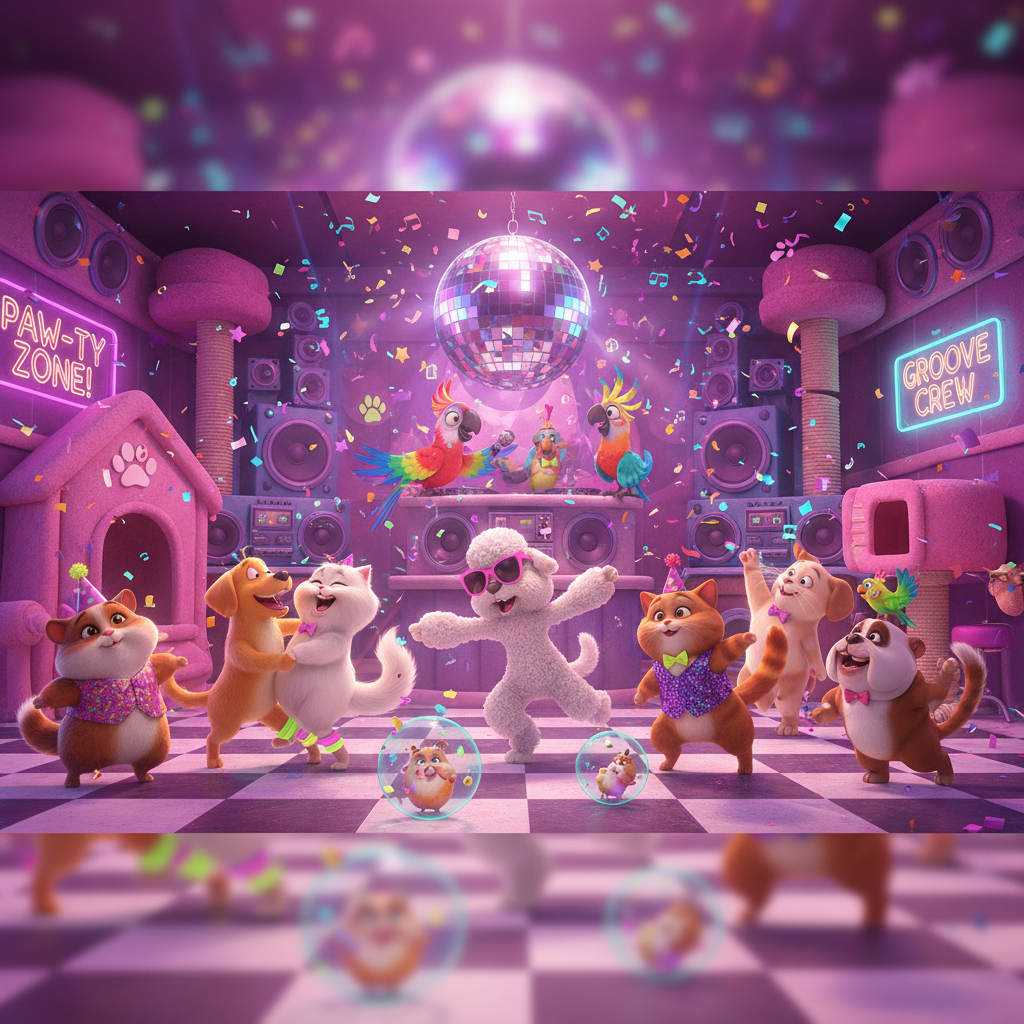 Multiple pets dancing together at a colorful dance party showing PetGroove's AI video generation capabilities